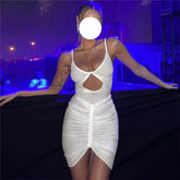 Hnewly Sexy Hollow Out Mini Dress Women Fashion Strap Ruched Bodycon Beach Dresses Summer White See